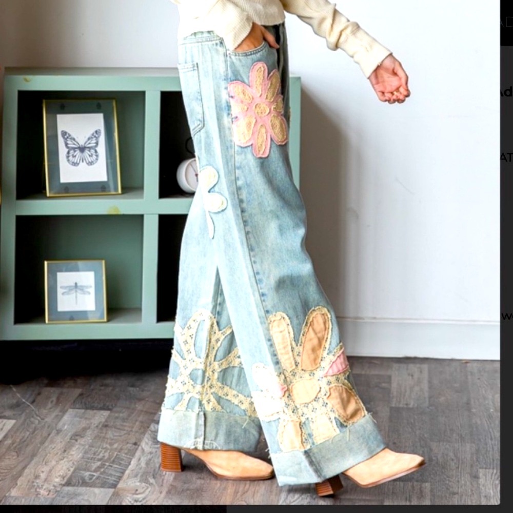 OLI AND HALI " The Garden " Wide Leg Flower Patchwork Jeans size Medium
